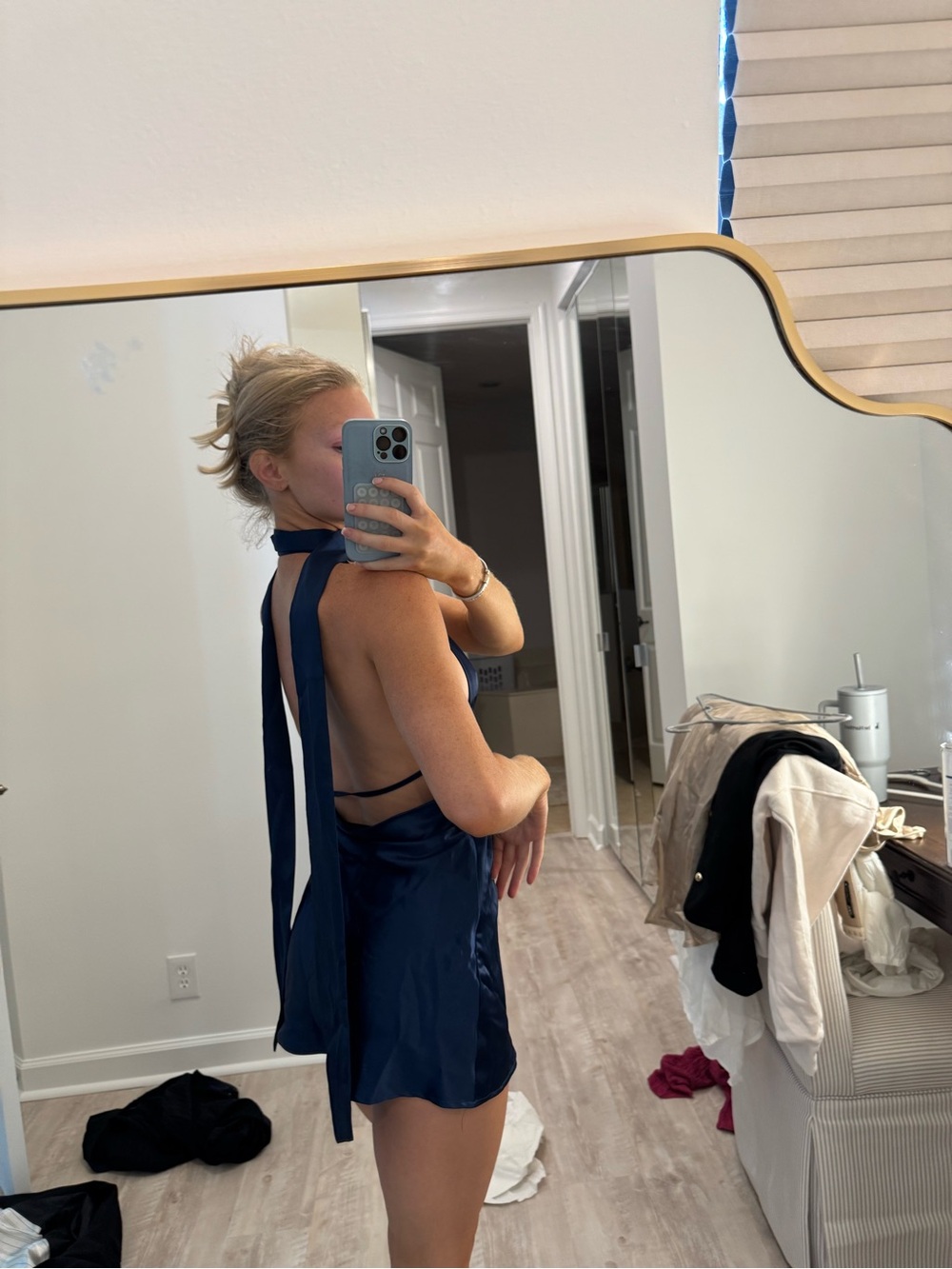 PEPPER MAYO Navy Halter Mini Dress with neck scarf Plunge V-Neck open back - Picture 3 of 5